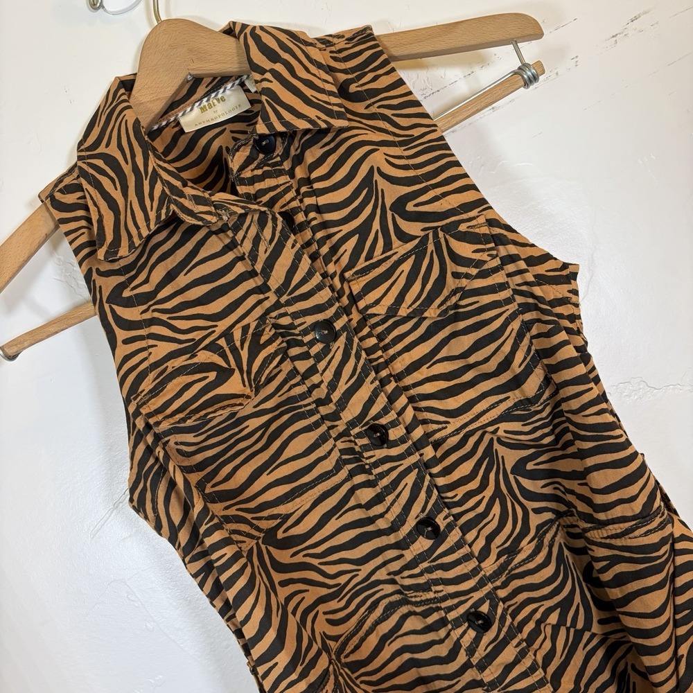 Maeve Anthropologie Tiger Print Sleeveless Button Down Belted Shirt Dress Size 2